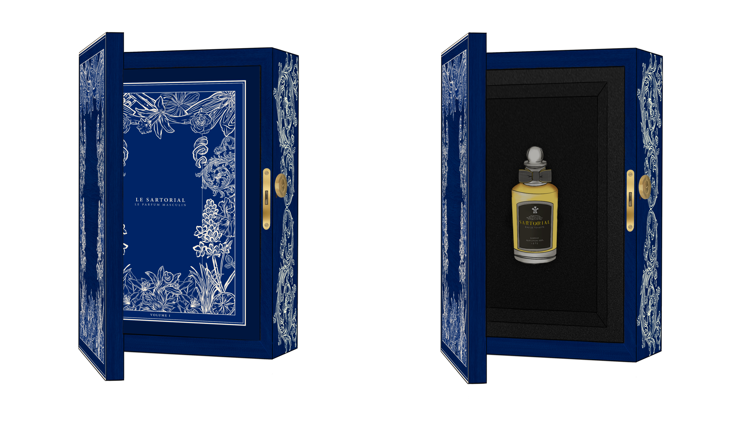 Dessin de la boite prestige ouverte avec le magazine et le parfum