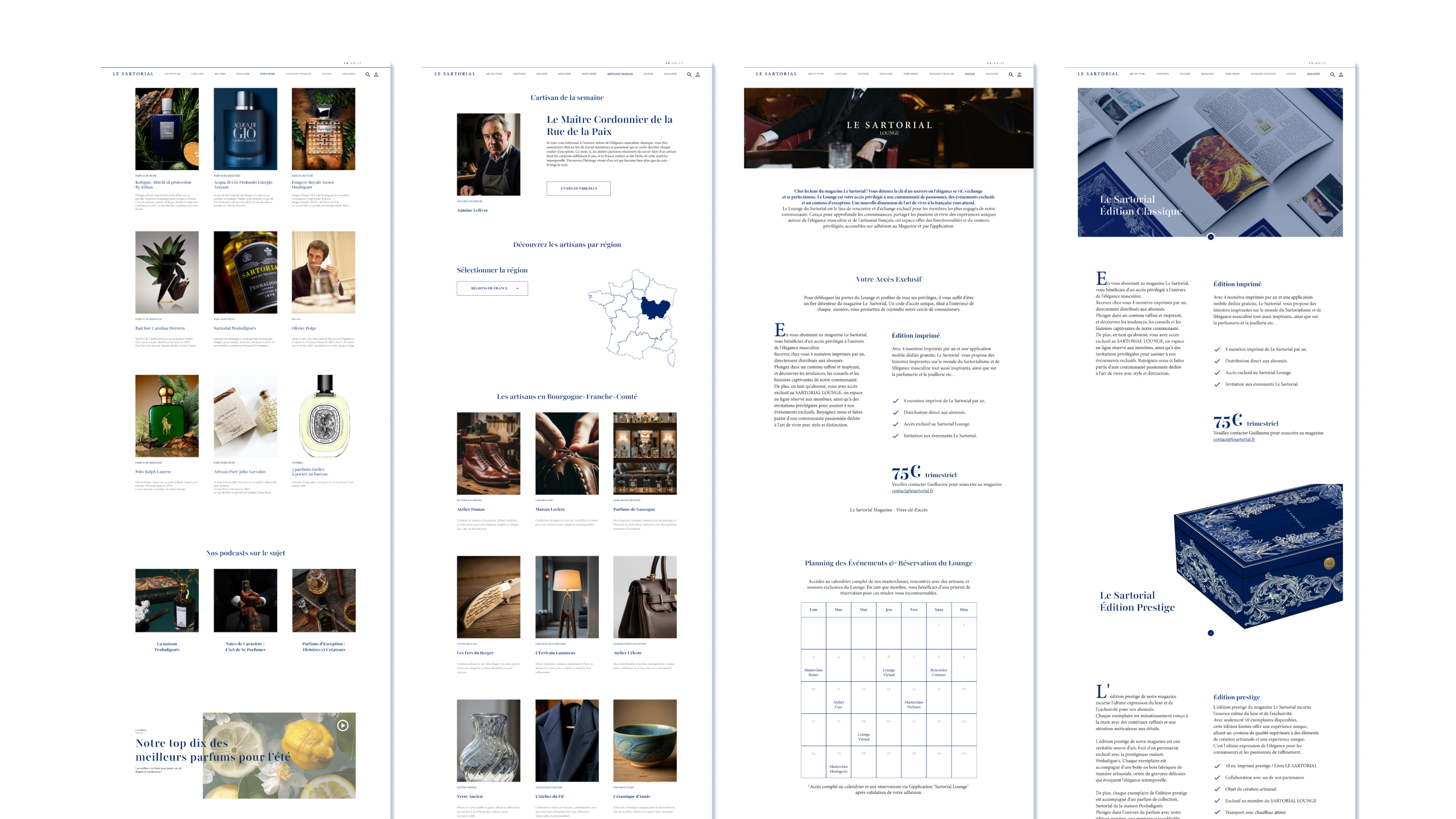 Mockup qui présente les pages, parfums, artisanat français, sartorial lounge et magazine