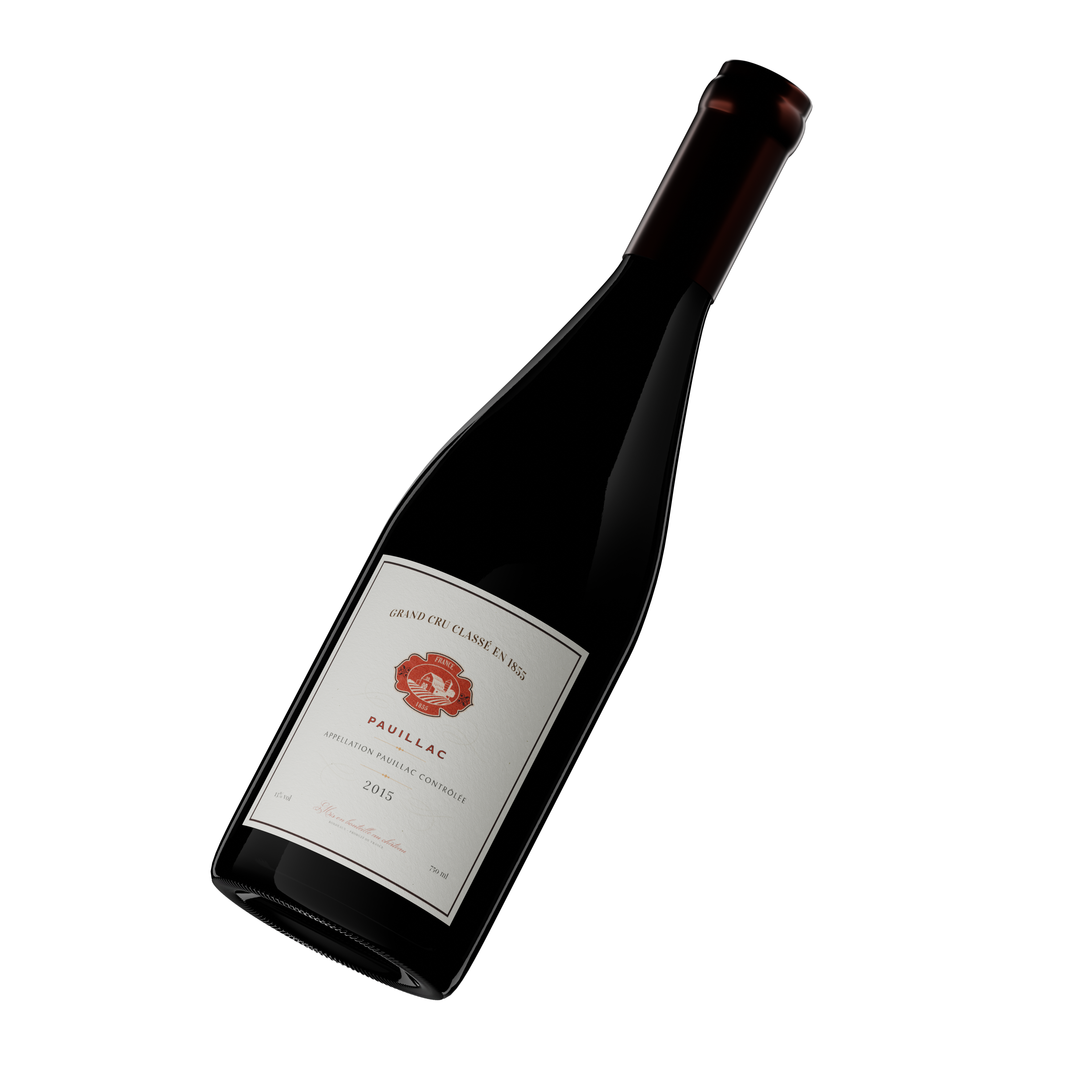 Image 3d de la bouteille complete inclinée